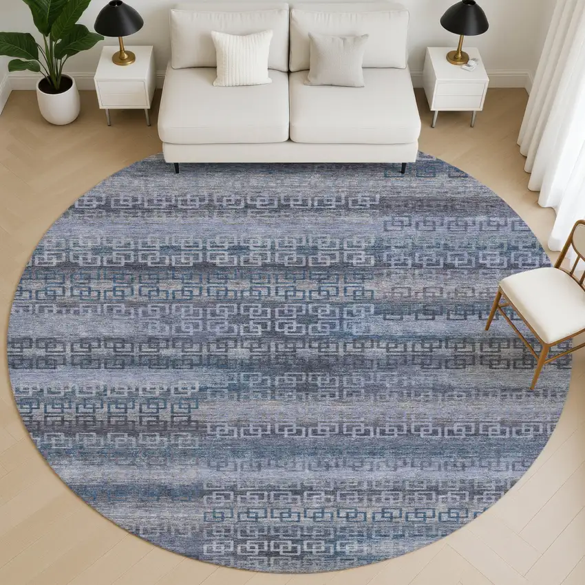 8' Taupe And Blue Striped Washable Round Rug With UV Protection Photo 5