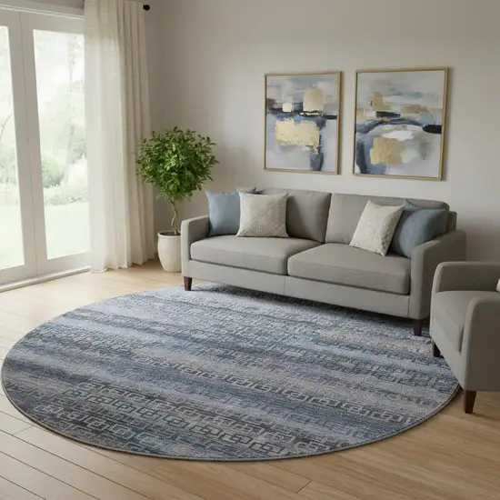 8' Taupe And Blue Striped Washable Round Rug With UV Protection Photo 2