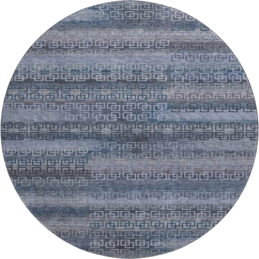 8' Taupe And Blue Striped Washable Round Rug With UV Protection Photo 1