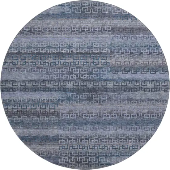 8' Taupe And Blue Striped Washable Round Rug With UV Protection Photo 1