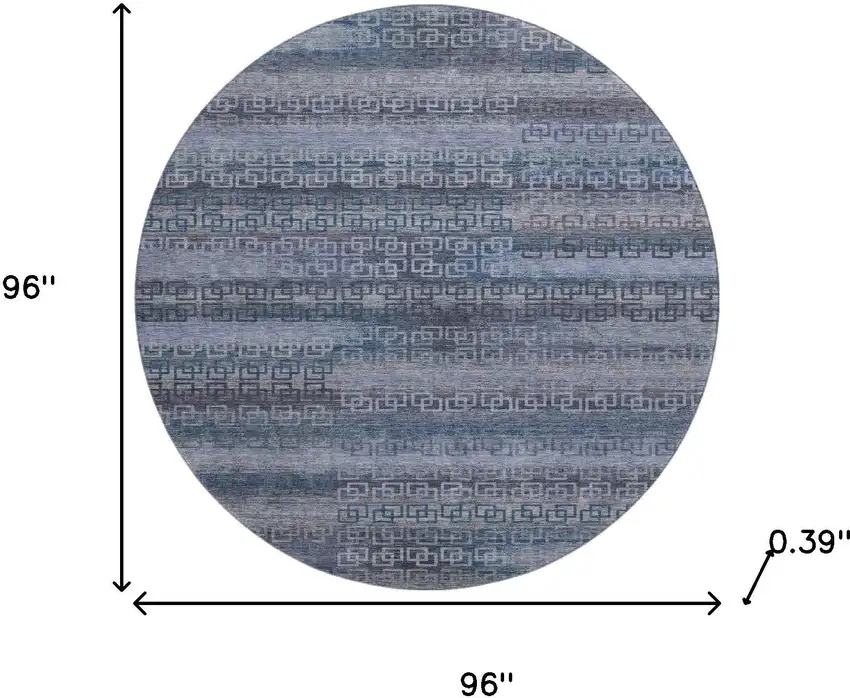 8' Taupe And Blue Striped Washable Round Rug With UV Protection Photo 8