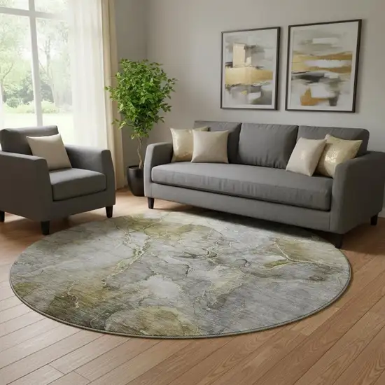 8' Taupe And Brown Abstract Washable Round Rug With UV Protection Photo 1