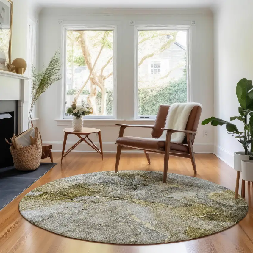 8' Taupe And Brown Abstract Washable Round Rug With UV Protection Photo 4