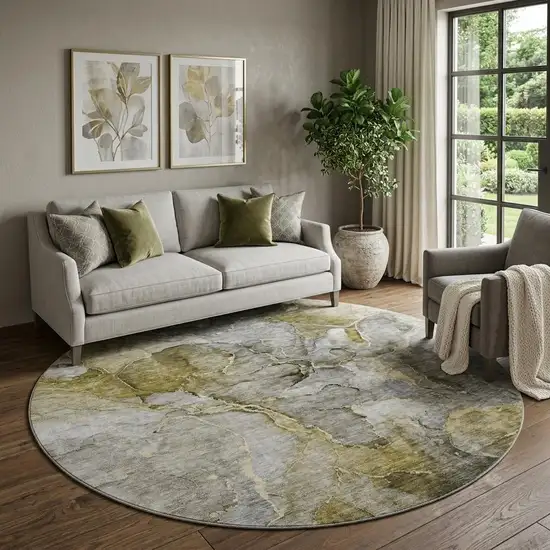 8' Taupe And Brown Abstract Washable Round Rug With UV Protection Photo 1