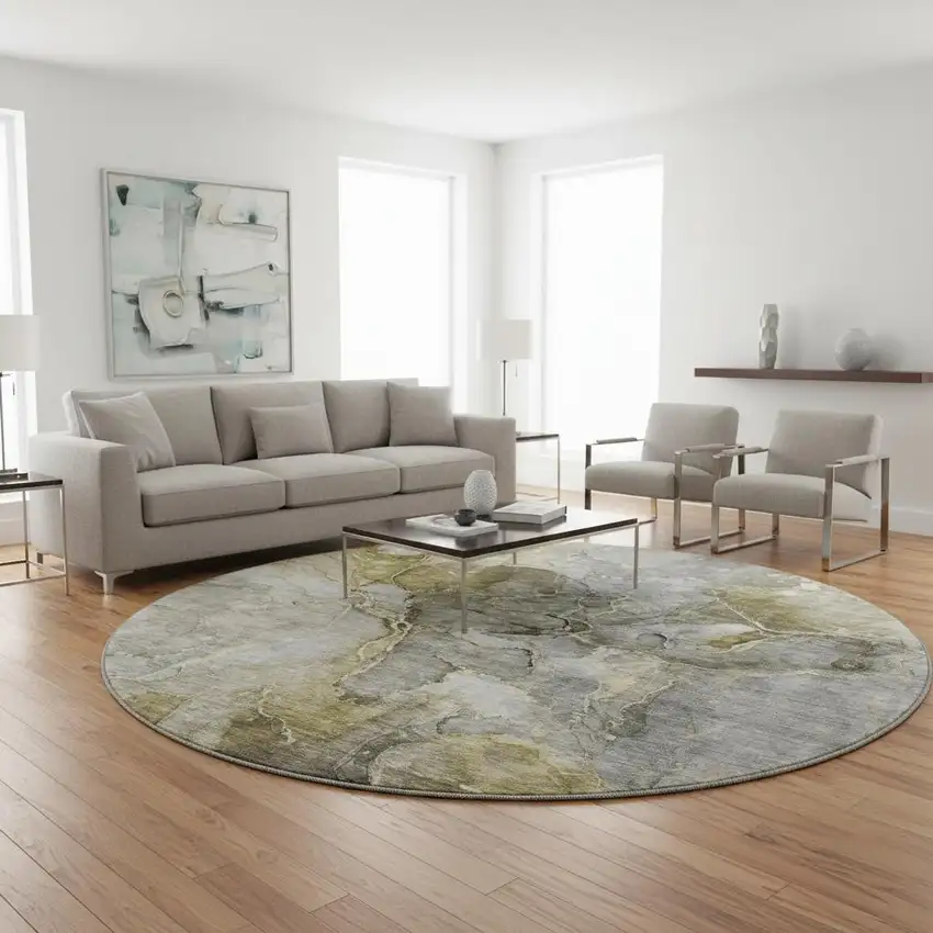 8' Taupe And Brown Abstract Washable Round Rug With UV Protection Photo 2