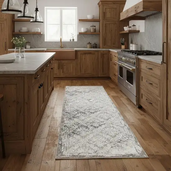 8' Taupe And Brown Damask Runner Rug Photo 2