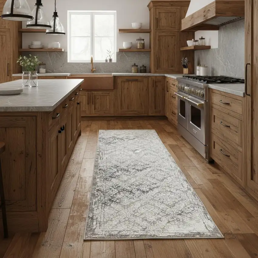 8' Taupe And Brown Damask Runner Rug Photo 2