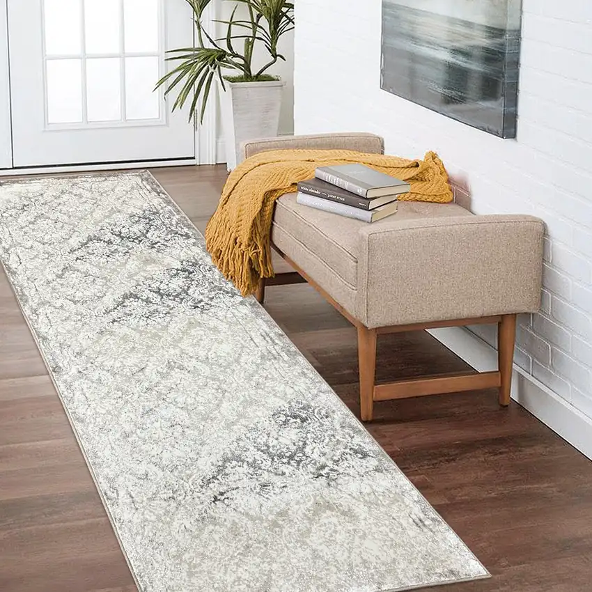 8' Taupe And Brown Damask Runner Rug Photo 3