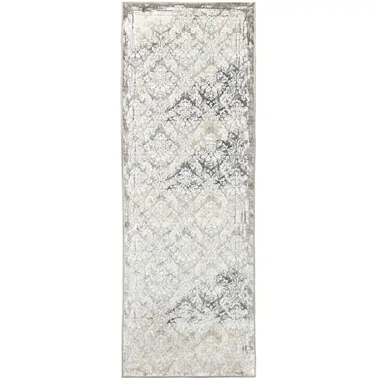 8' Taupe And Brown Damask Runner Rug Photo 1