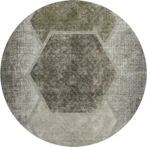Photo of 8' Taupe And Brown Geometric Washable Round Rug With UV Protection