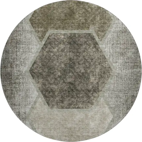 8' Taupe And Brown Geometric Washable Round Rug With UV Protection Photo 1