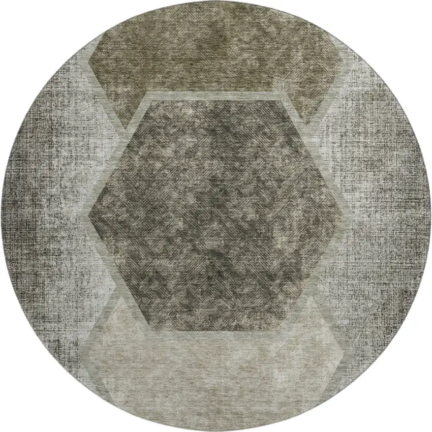 8' Taupe And Brown Geometric Washable Round Rug With UV Protection Photo 1