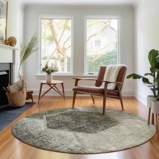 8' Taupe And Brown Geometric Washable Round Rug With UV Protection Photo 5