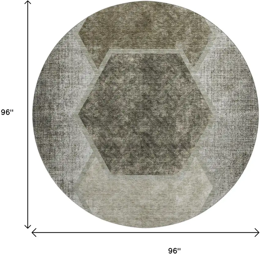 8' Taupe And Brown Geometric Washable Round Rug With UV Protection Photo 6