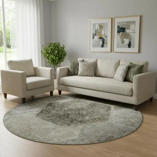 8' Taupe And Brown Geometric Washable Round Rug With UV Protection Photo 1