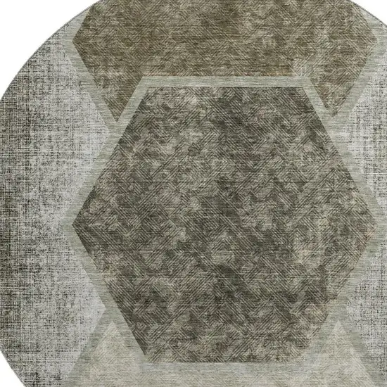8' Taupe And Brown Geometric Washable Round Rug With UV Protection Photo 4