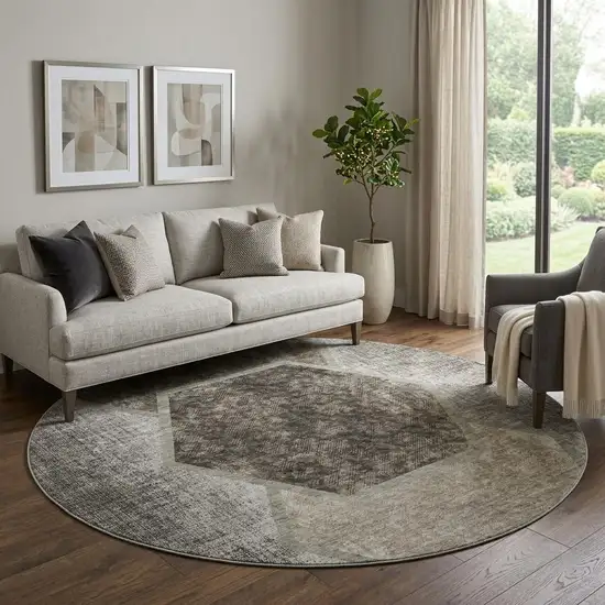 8' Taupe And Brown Geometric Washable Round Rug With UV Protection Photo 1