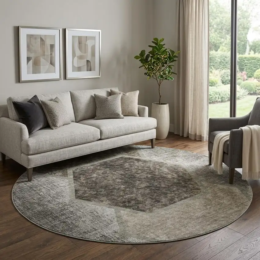 8' Taupe And Brown Geometric Washable Round Rug With UV Protection Photo 1