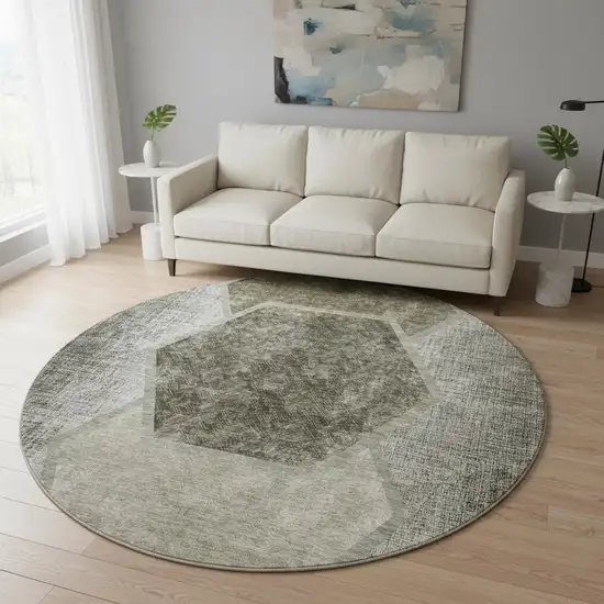 8' Taupe And Brown Geometric Washable Round Rug With UV Protection Photo 2