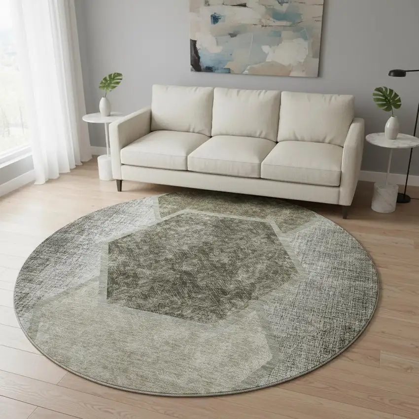 8' Taupe And Brown Geometric Washable Round Rug With UV Protection Photo 2