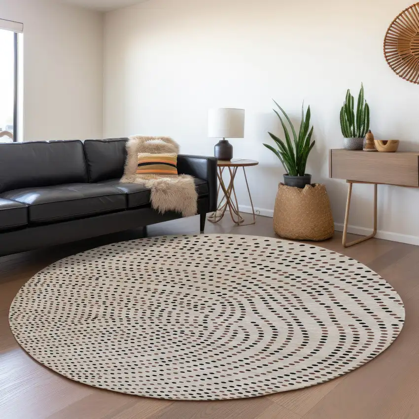 8' Taupe And Brown Polka Dot Washable Round Rug With UV Protection Photo 4