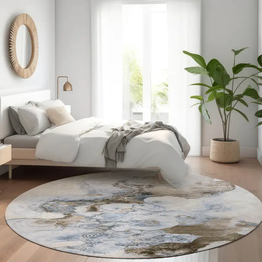 8' Taupe And Brown Round Abstract Washable Indoor Outdoor Area Rug Photo 6