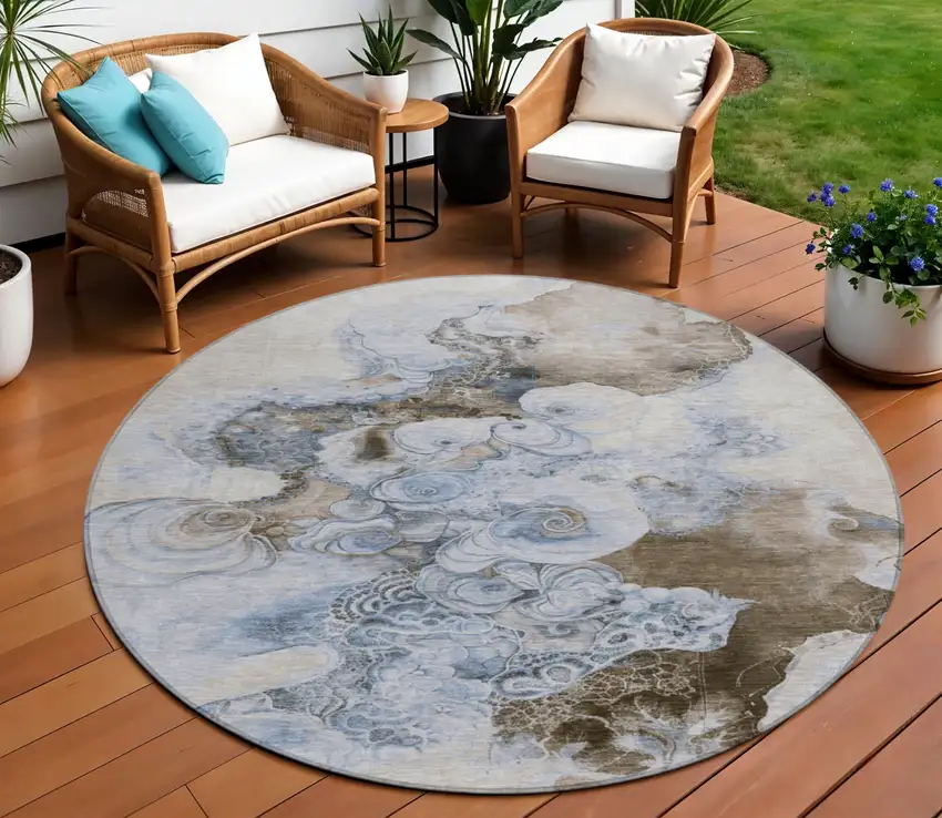 8' Taupe And Brown Round Abstract Washable Indoor Outdoor Area Rug Photo 2