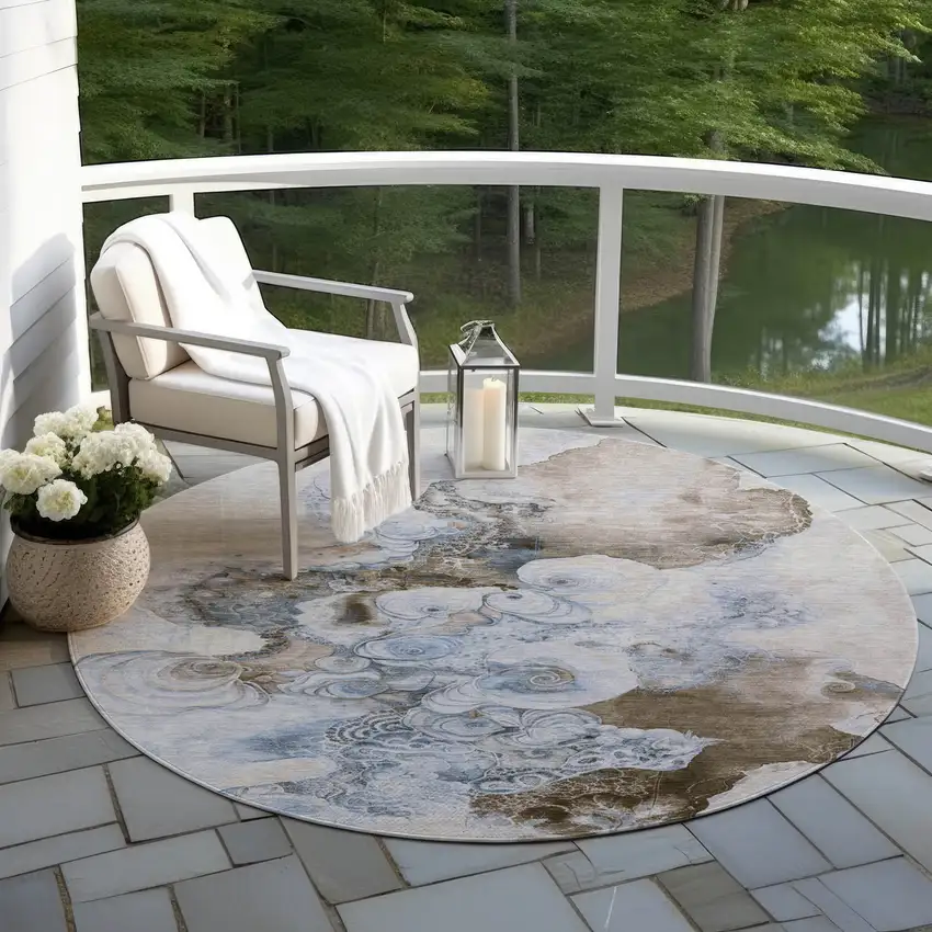 8' Taupe And Brown Round Abstract Washable Indoor Outdoor Area Rug Photo 5