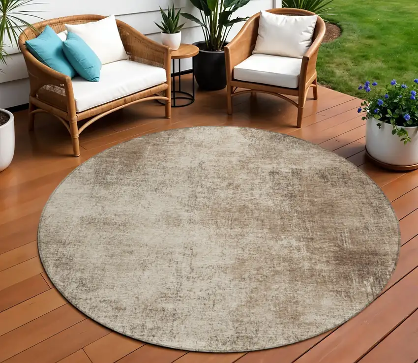 8' Taupe And Brown Round Abstract Washable Indoor Outdoor Area Rug Photo 2