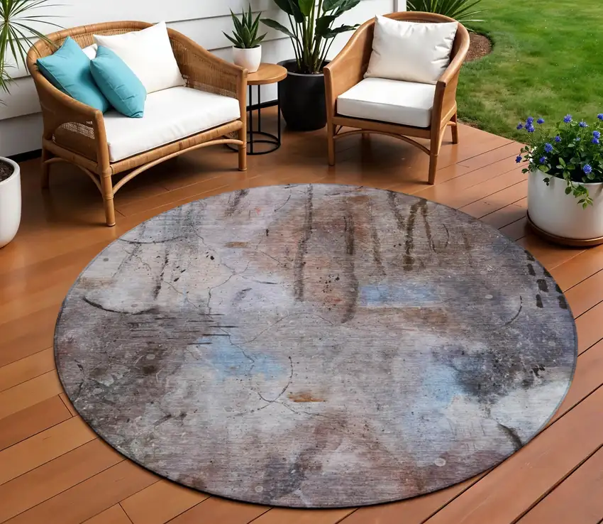 8' Taupe And Brown Round Abstract Washable Indoor Outdoor Area Rug Photo 2