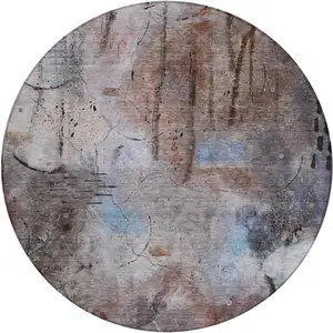 Photo of 8' Taupe And Brown Round Abstract Washable Indoor Outdoor Area Rug