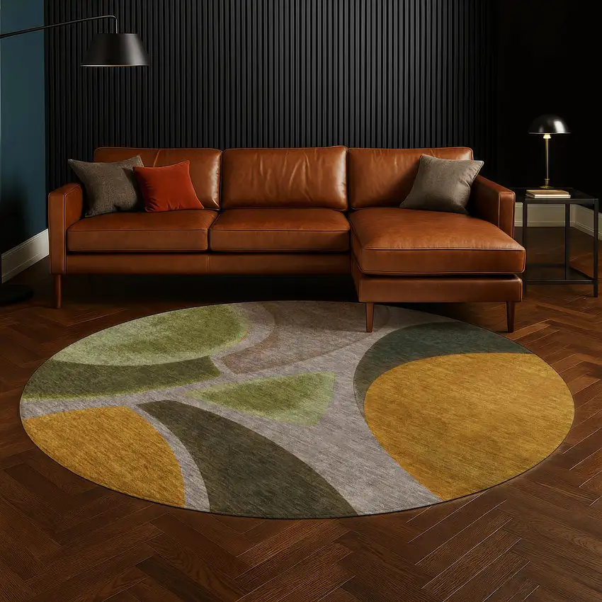 8' Taupe And Brown Round Abstract Washable Indoor Outdoor Area Rug Photo 5
