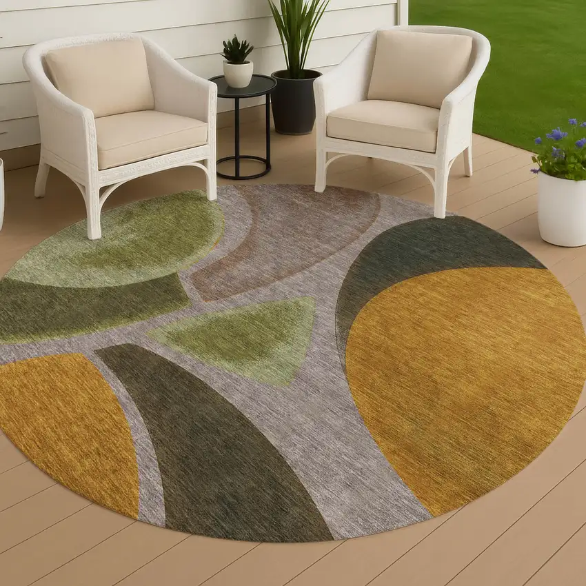 8' Taupe And Brown Round Abstract Washable Indoor Outdoor Area Rug Photo 4
