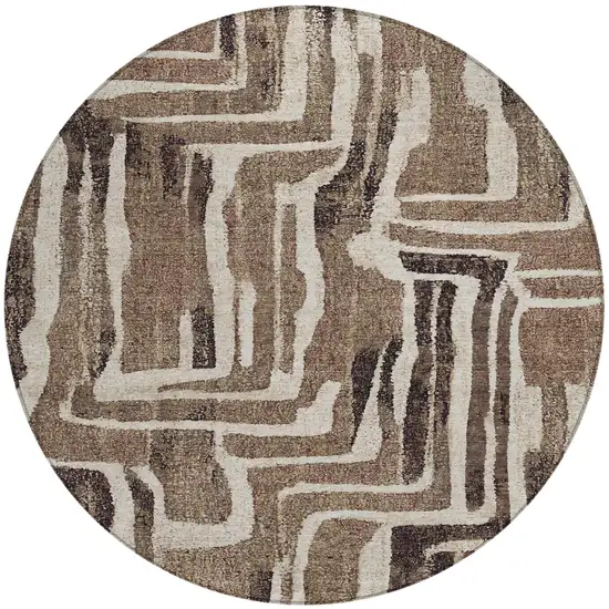 8' Taupe And Brown Round Abstract Washable Indoor Outdoor Area Rug Photo 4