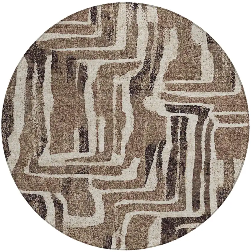 8' Taupe And Brown Round Abstract Washable Indoor Outdoor Area Rug Photo 4