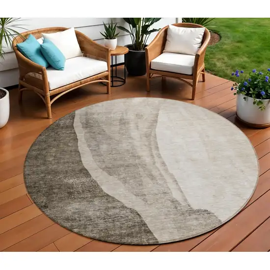 8' Taupe And Brown Round Abstract Washable Indoor Outdoor Area Rug Photo 1