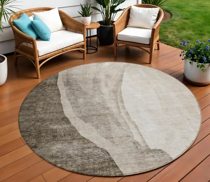 8' Taupe And Brown Round Abstract Washable Indoor Outdoor Area Rug Photo 1
