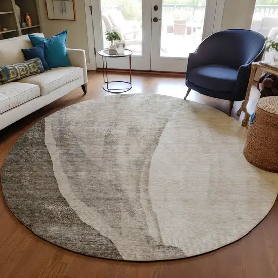 8' Taupe And Brown Round Abstract Washable Indoor Outdoor Area Rug Photo 7