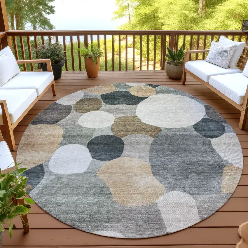 8' Taupe And Brown Round Geometric Washable Indoor Outdoor Area Rug Photo 4