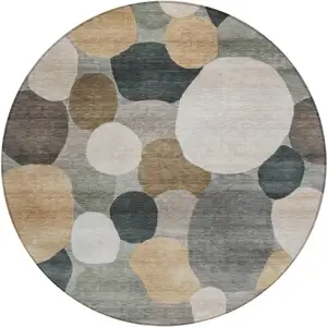 Photo of 8' Taupe And Brown Round Geometric Washable Indoor Outdoor Area Rug