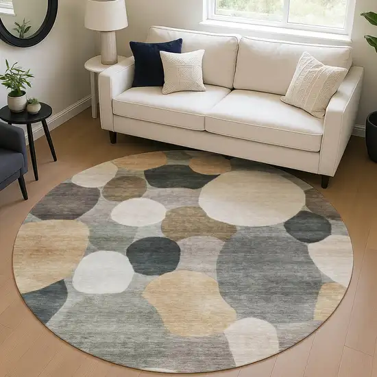 8' Taupe And Brown Round Geometric Washable Indoor Outdoor Area Rug Photo 5
