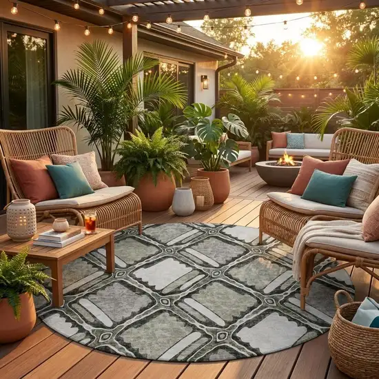 8' Taupe And Brown Round Geometric Washable Indoor Outdoor Area Rug Photo 1