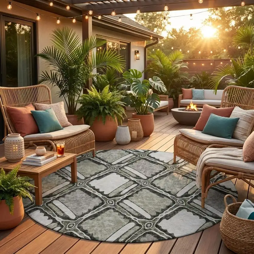 8' Taupe And Brown Round Geometric Washable Indoor Outdoor Area Rug Photo 1