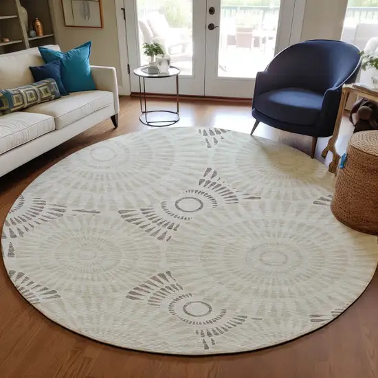 8' Taupe And Brown Round Geometric Washable Indoor Outdoor Area Rug Photo 8