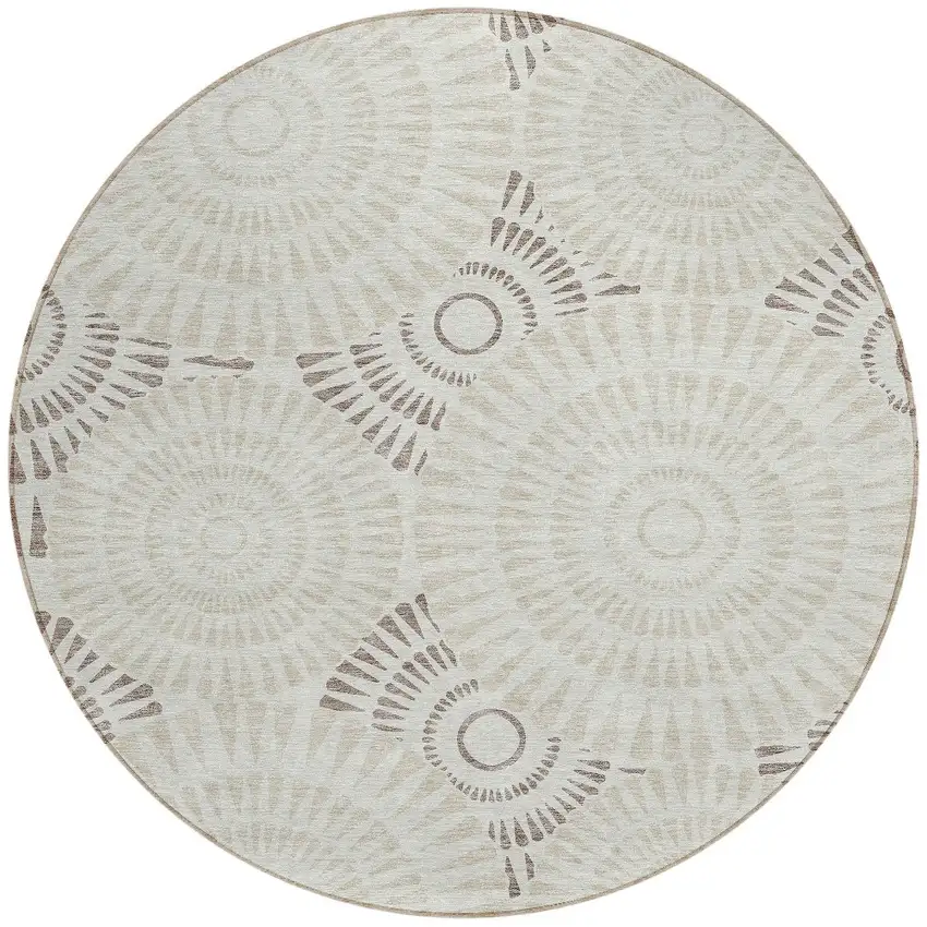 8' Taupe And Brown Round Geometric Washable Indoor Outdoor Area Rug Photo 6