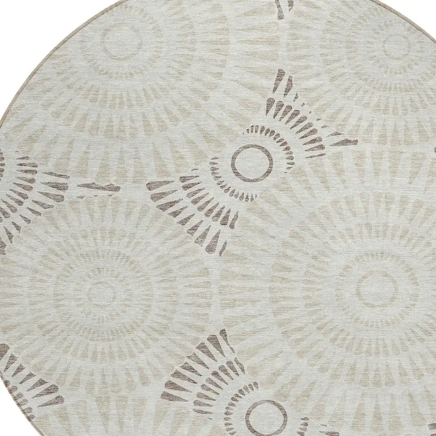 8' Taupe And Brown Round Geometric Washable Indoor Outdoor Area Rug Photo 5