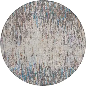 Photo of 8' Taupe And Brown Round Striped Washable Indoor Outdoor Area Rug