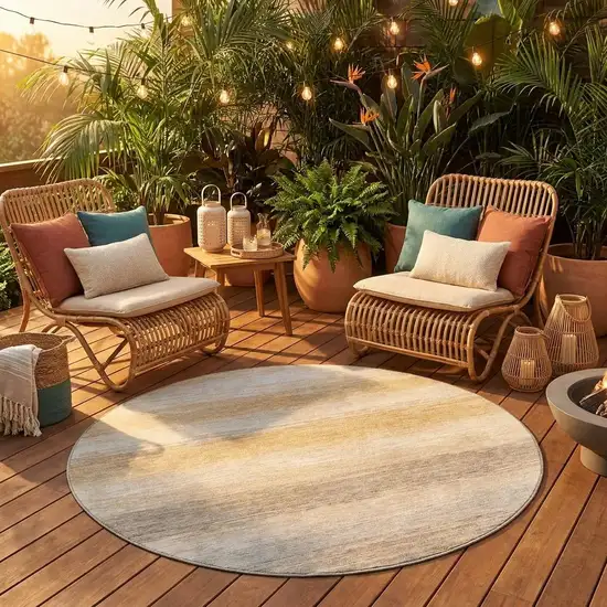 8' Taupe And Brown Round Striped Washable Indoor Outdoor Area Rug Photo 1