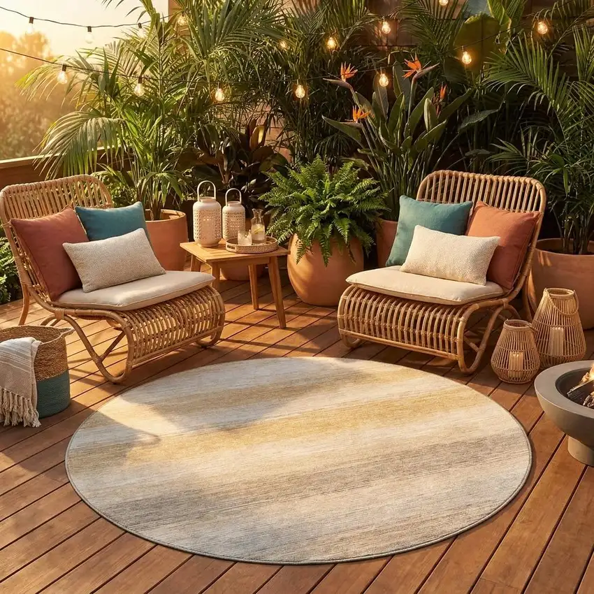 8' Taupe And Brown Round Striped Washable Indoor Outdoor Area Rug Photo 1
