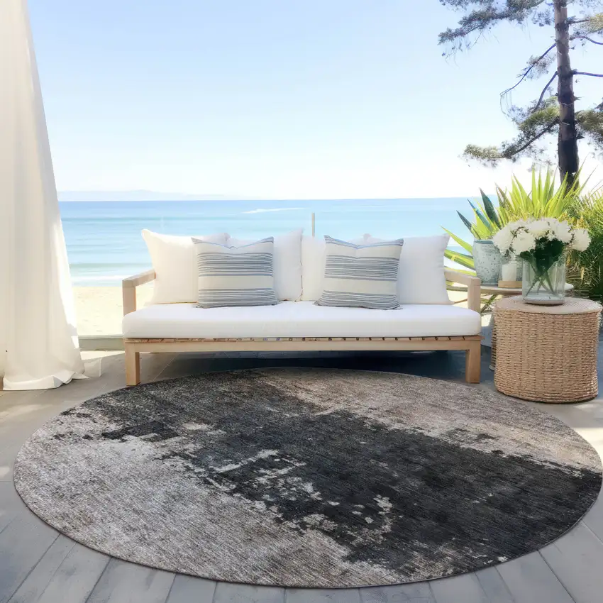 8' Taupe And Charcoal Round Abstract Washable Indoor Outdoor Area Rug Photo 4